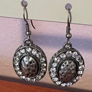 Hammered Silver-Tone Oval with Surrounding Rhinestones Drop Earrings